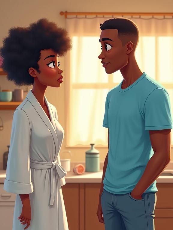 28-year-old African woman with natural hair in morning robe confronts 35-year-old clean-shaven African man in kitchen. He wears a sky blue shirt and jean shorts. Coffee steam rises creating a warm atmosphere. Focus on expressive interaction with soft lighting and vibrant colors.