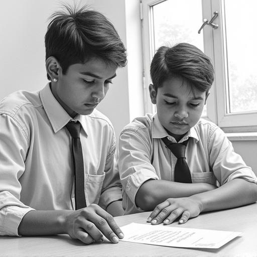 A detailed monochrome pencil sketch of students in a classroom. One student is sliding a folded note while the other looks on eagerly. Both are in Indian school uniforms. The setting has a realistic classroom atmosphere and the composition adheres to the rule of thirds.