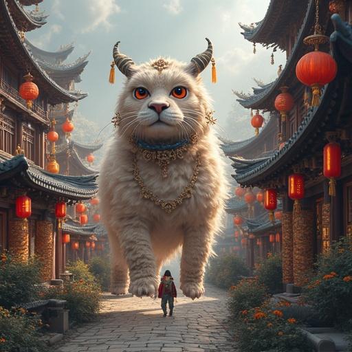 A large, majestic cat in a vibrant Asian setting adorned with lanterns. The cat wears jewelry and stands as a significant character in a landscape with traditional buildings.