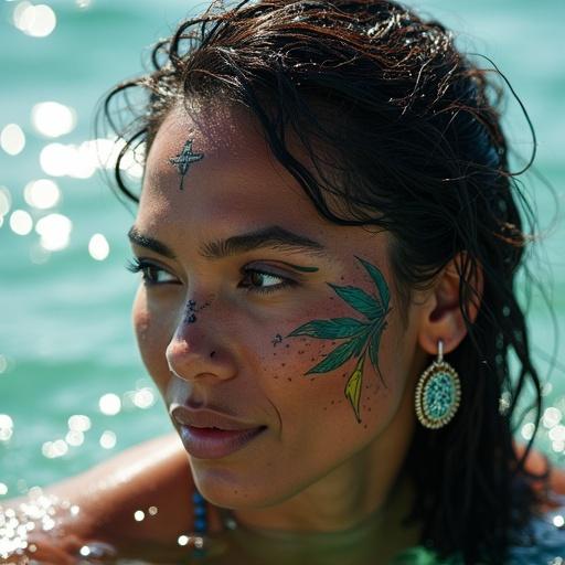 Award winning closeup portrait of a Polynesian woman. Depicts water goddess immersed in the Pacific Ocean. Features body tattoos in detailed style. Includes lens flare and backlighting effects for artistic appeal.