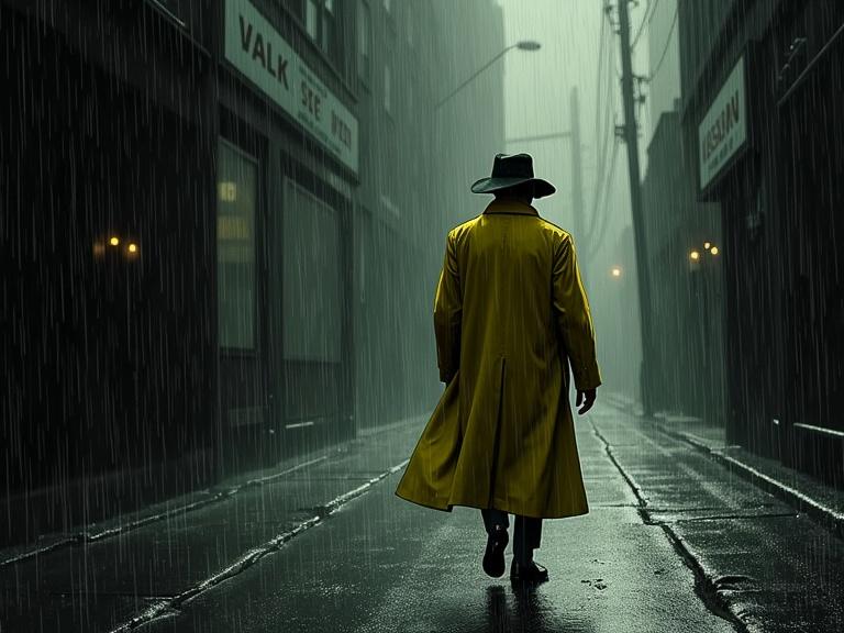 Graphic novel vignette features detective in long muted green-yellow coat and wide brim hat. Heavy rain with street reflecting light. Black and white Sin City style. Design shows simplicity and elegance of 1940s.