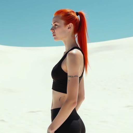 Realistic detailed image of a young fit slim pale woman with long nose and slick back punk ponytail. She wears a small tattoo on her arm and an eyebrow piercing. The background is a sunny desert with a blue sky and white ground. The focus on her athletic outfit includes a black tank top and tight mesh yoga pants with white tennis shoes. The setting highlights shadows and textures.