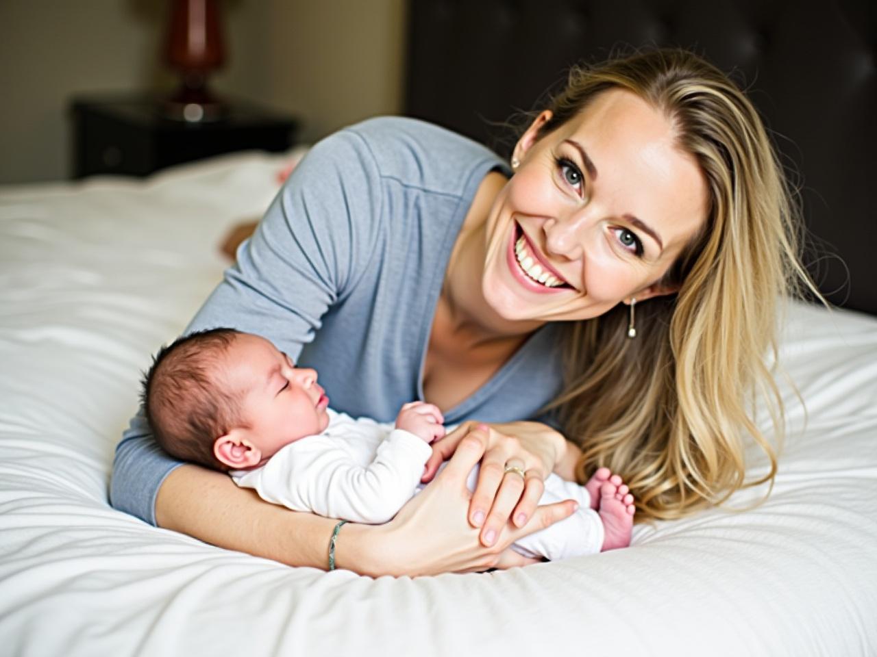 The image shows a new mother lying in bed, smiling gently at the camera. She has long, light-colored hair and appears relaxed and happy. In her arms, she is holding a sleeping newborn baby, who is dressed in a white outfit. The mother is wearing a light blue top, and the bedding is white with some textures. The background includes a dark headboard and a glimpse of a bedside table. The atmosphere feels warm and intimate, capturing a precious moment of motherhood.