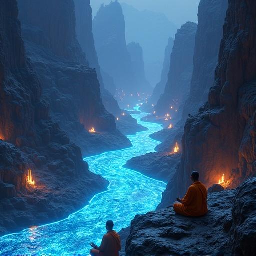 Glowing river of binary code flows through a neon canyon. Cyber monks meditate by its edge. Futuristic digital scrolls float nearby. Cinematic lighting enhances the atmosphere.