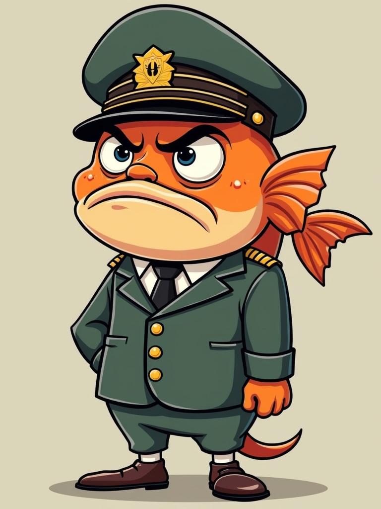 Cartoon character of a fish in military uniform with a hat. Fish has a very old and grumpy face. Character stands confidently with a stern expression. Displays official attire with buttons and tails.