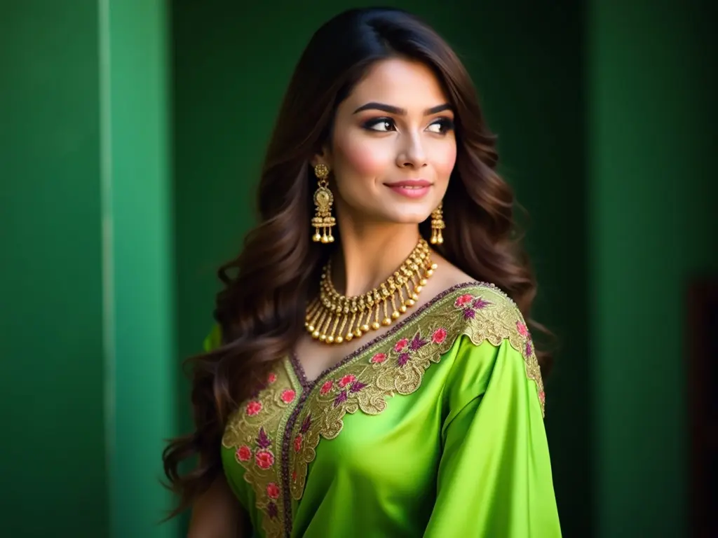 The image features a woman elegantly dressed in a vibrant green saree with intricate floral embroidery. She wears luxurious gold jewelry, including a layered necklace and ornate earrings that enhance her traditional look. Her long, wavy hair cascades down her shoulders, creating a graceful appearance. The background is softly blurred, with a rich green hue that complements her outfit. The overall mood of the image exudes elegance and cultural beauty, ideal for a festive celebration or special occasion.