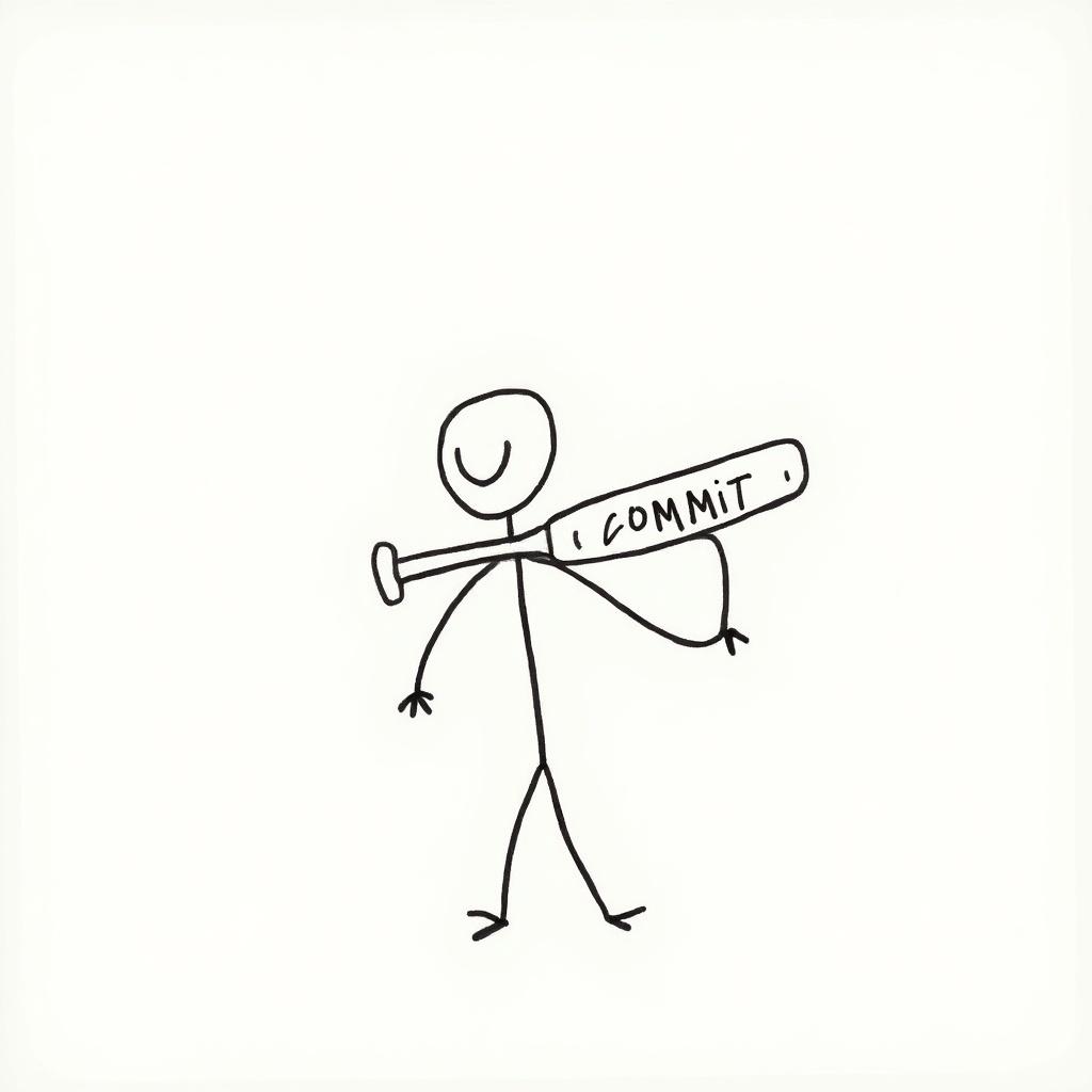 This image features a simple doodle of a stick figure with a round head. The figure is smiling and is holding a baseball bat that is labeled 'COMMIT'. The stick figure's expression conveys positivity and determination. The overall design is minimalistic, using basic lines and shapes. The focus on the bat suggests themes related to commitment and motivation, making it ideal for inspiring messages and content.