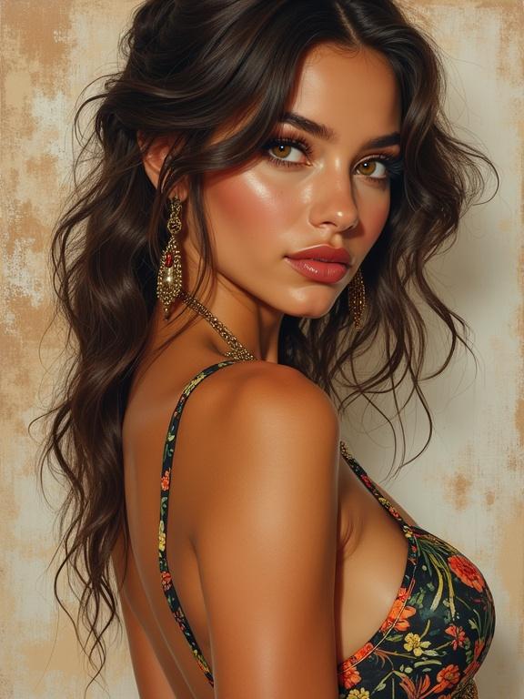 A painting of a beautiful model with light amber eyes. Hair styled in soft waves. Elegant earrings and floral patterns on the outfit. Impasto painting style with vibrant colors. Background has a textured golden hue.