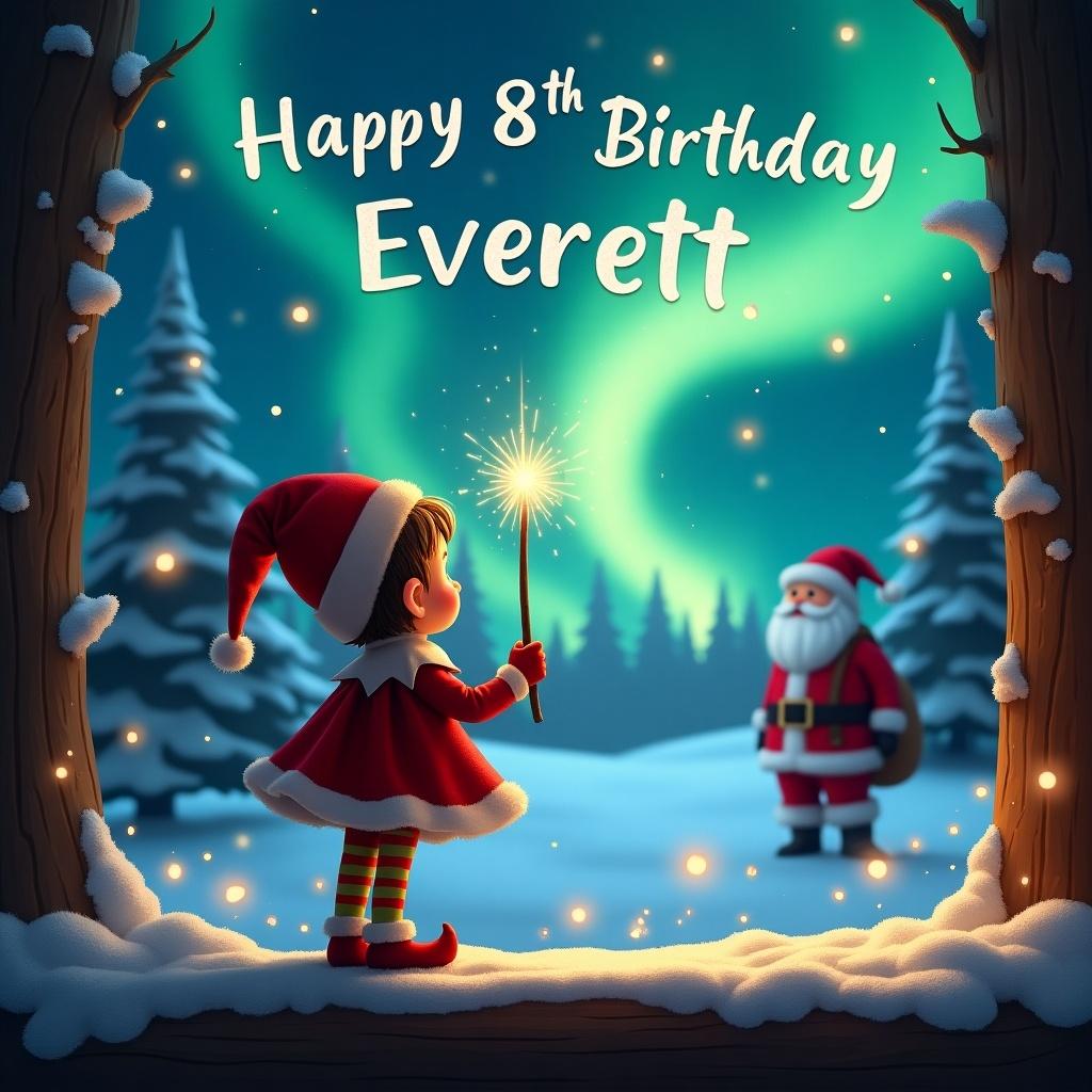 Elf on the shelf holds a wand in a magical Christmas scene. Northern lights illuminate the night sky. Santa appears in the background. Happy 8th Birthday Everett text fills the sky.