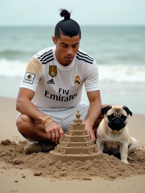 Cristiano Ronaldo sits on the beach sand wearing a Real Madrid jersey. A small pug dog sits beside him. They are constructing a sand structure together. Gentle waves are visible in the background. The beach scene is serene and inviting.
