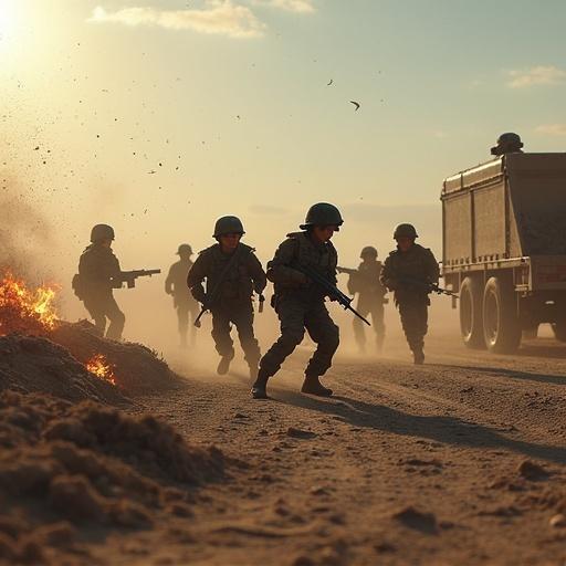 A group of six year old children boldly fight against overwhelming terrorist groups. Children are equipped with M16 rifles and other weapons. Military and combat vehicles feature in the action-packed environment. The image features a smoke-filled combat zone with burning trailers. Clearly visible combat scenes around them show the harsh reality of war.