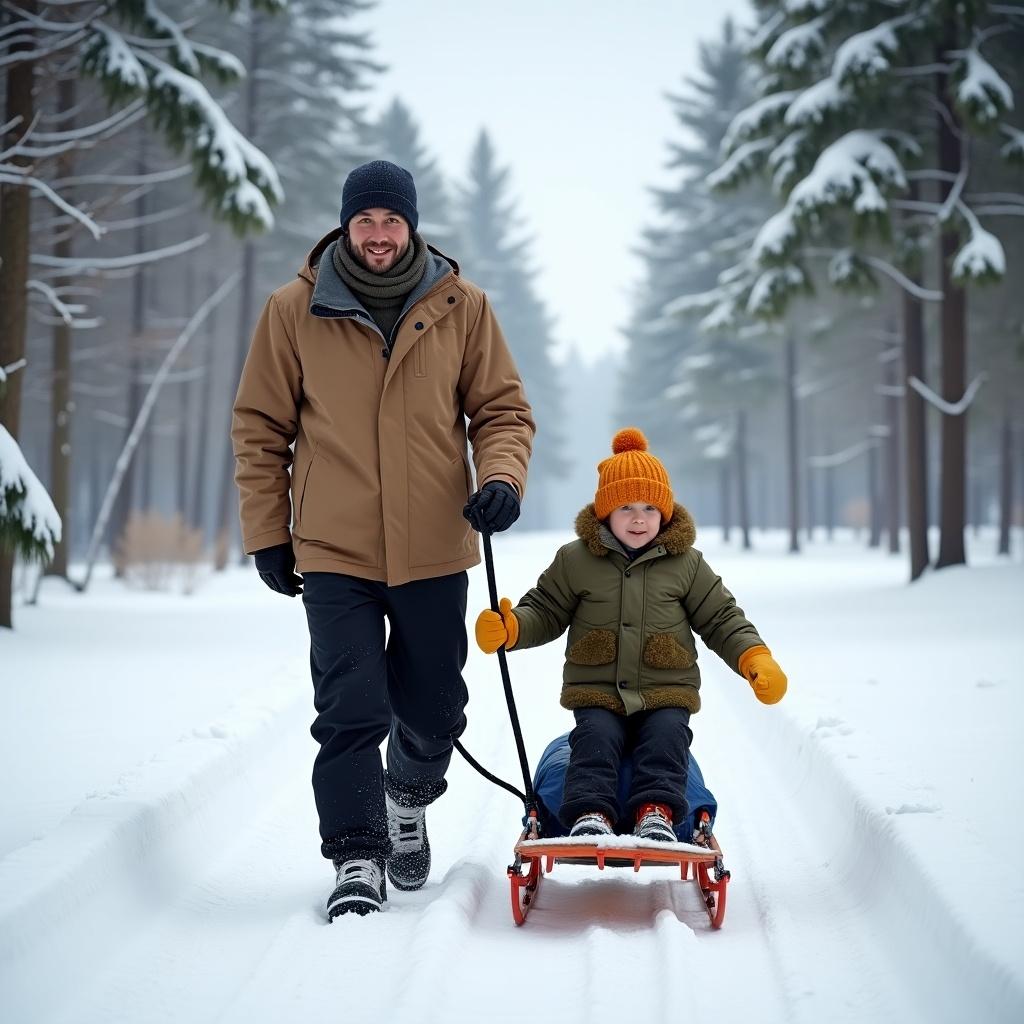 Create a scenic winter landscape in Sweden with fresh snow covering the ground and trees. Depict a father pulling a pulka (sled) through the snow, with his son sitting on the sled. The father is wearing a light brown jacket resembling mud, black waterproof pants, and sturdy winter boots. The son is dressed in a shiny olive-green fluffy jacket, black pants, yellow waterproof gloves, and an orange cap with a strap. Emphasize the serene and picturesque atmosphere of the snowy Nordic setting, highlighting the warmth and bond between father and son.