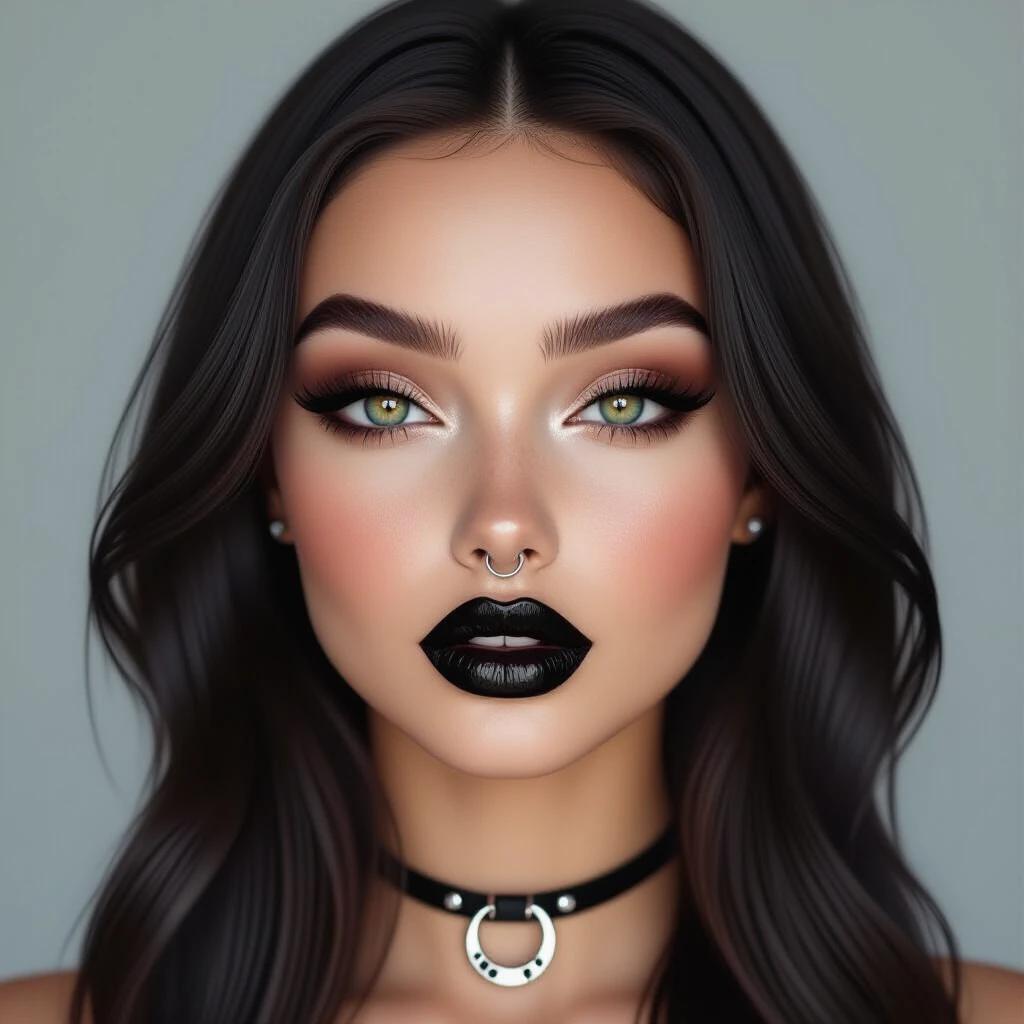 Realistic portrait of a young gothic woman. Soft rounded face with glossy black lips. Black eyes with long eyelashes and bold eyeliner. Silver septum piercing shaped like a horseshoe. Smooth pale complexion with brown henna freckles. Long dark hair. Full face shown from the front. Soft lighting and plain background.