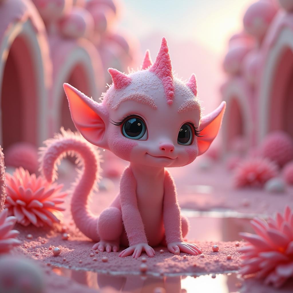 An elf character in a whimsical pink candy land setting. The elf has features similar to those of an axolotl. Soft pastel colors dominate the scene. Surrounding elements include candy-like plants and a serene background.