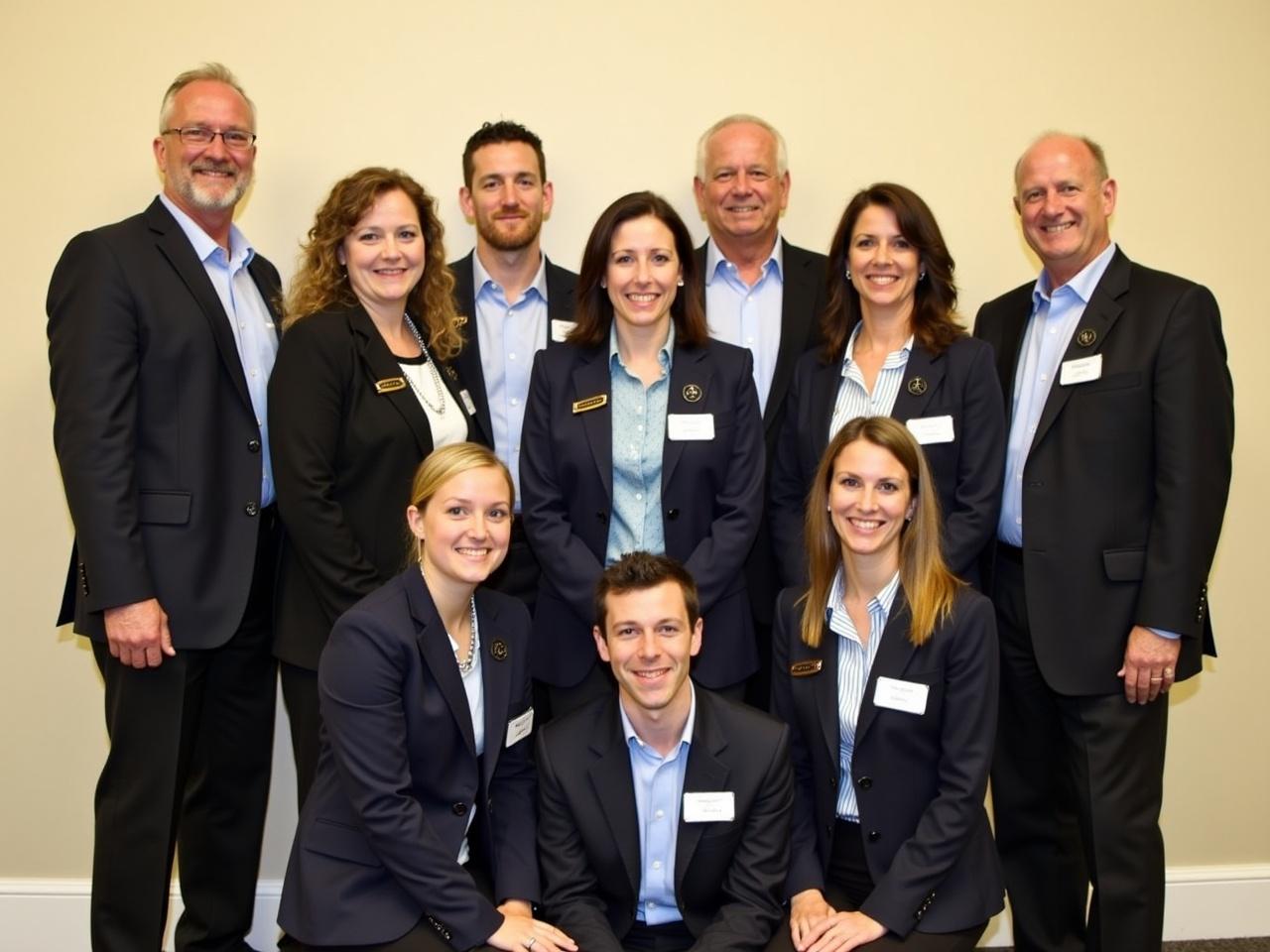 The image presents a group of nine individuals arranged in a semi-formal setting. They are posed for a photograph against a light beige background. Most people are wearing blazers or casual professional attire. Some individuals are displaying badges or pins on their clothing, indicating a possible event or affiliation. The group appears to be smiling or posing positively, suggesting a friendly atmosphere.