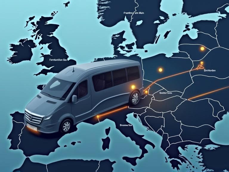 Elegant illustration showcasing a professional roadshow in Europe. Highlights Germany, Austria, Switzerland. Displays Frankfurt, Berlin, Vienna, Zurich. Features a high-end Mercedes-Benz minibus on a glowing route. Includes subtle business icons representing events. Uses clean layout with corporate colors. 16:9 format.