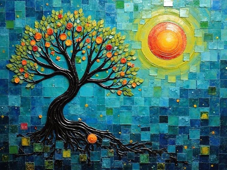 3D iridescent ceramic tile and glass mosaic creates an abstract tree. Vibrant colors. Tree made of puzzle forms. Sunset in squares. Emphasis on deep blues and greens with hints of lime.