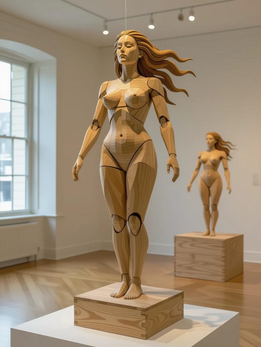 Wooden sculpture of a female body. Abstract design with natural wooden texture. Stand on a wooden box in a gallery. Light pieces hang from thin wire. Art installation changes with air currents. Body parts arranged in a monstrous form. Unusual angles create a unique perspective.
