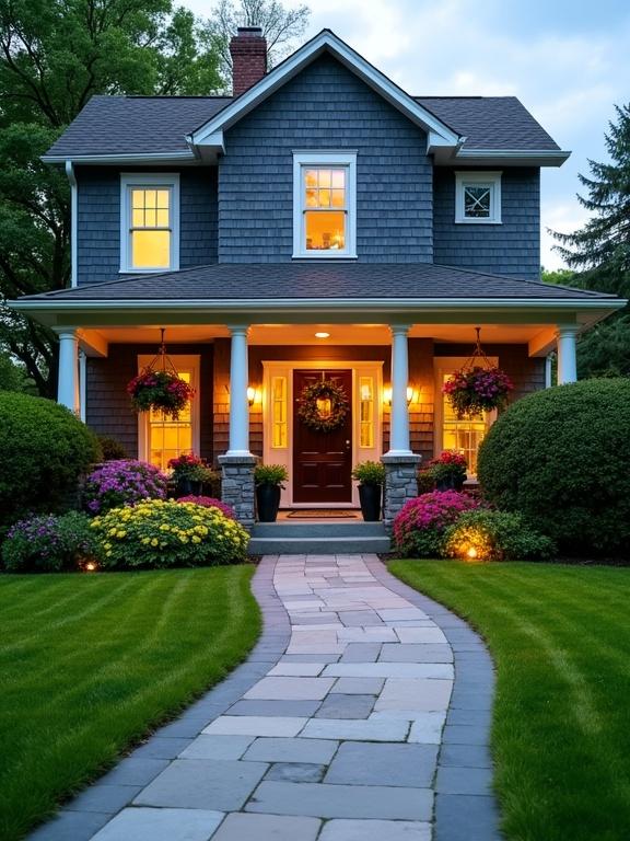 Two-story house with dark gray wood shingle siding. Light gray stone walkway leading to the front door. Porch supported by four white columns. Warm yellow lights glow from inside. Large wreath on the dark brown door with glass panes. Colorful hanging flowers decorate the porch. Manicured lawn with vibrant flower beds. Soft blue and gray sky in the background.