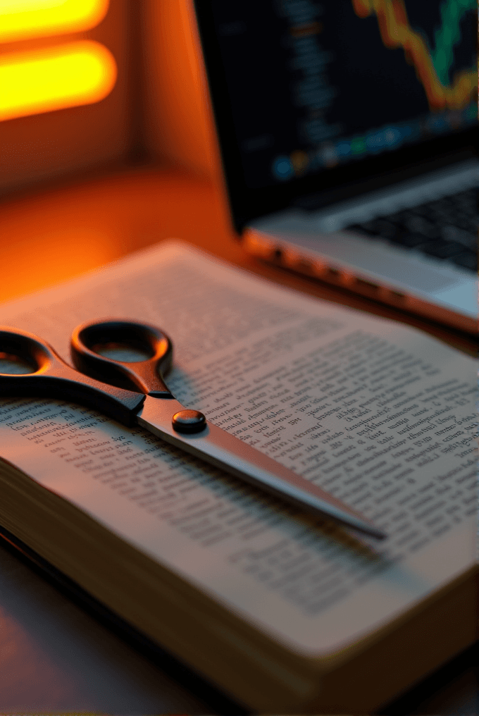 A pair of scissors rests on an open book beside a laptop displaying a colorful chart, bathed in warm ambient light.