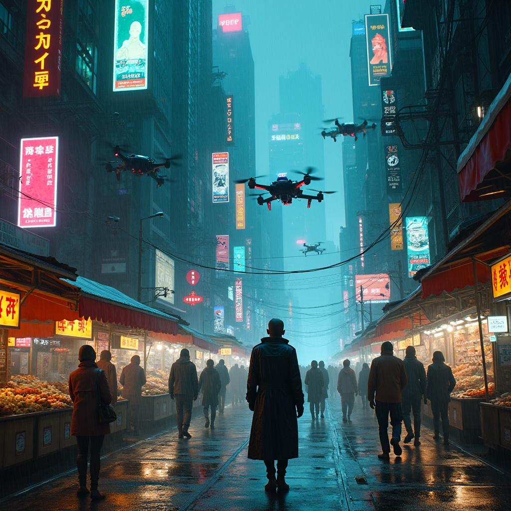 A neon-lit urban street with flying drones and people walking under glowing advertisements.