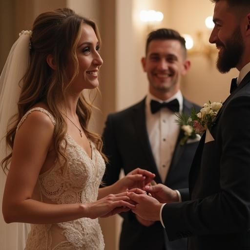 Wedding ceremony scene with couple holding hands during the vows. Touching moment captured in soft lighting. Elegant attire enhances the celebration.