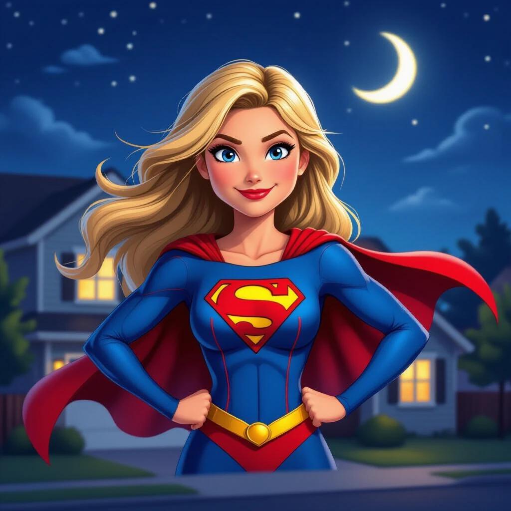 Supergirl with long blond hair in blue and red suit in front of suburban house at night.