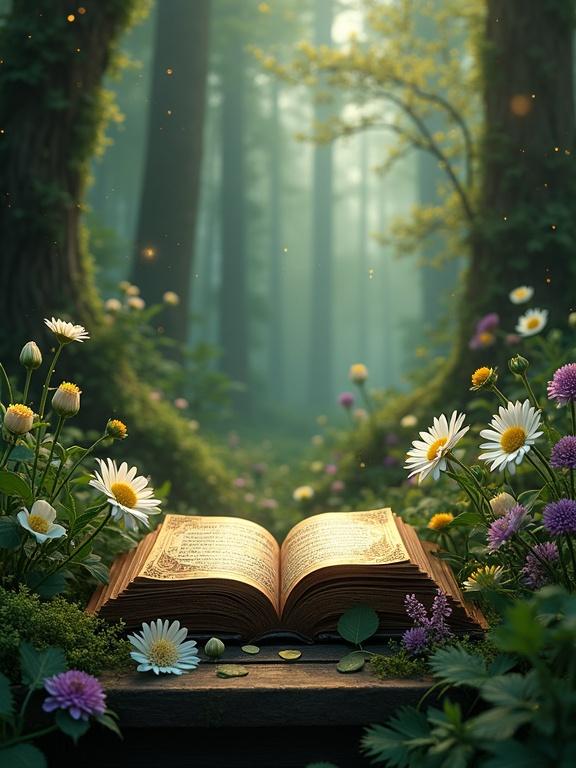 Hyperrealistic image with a magical and enchanting style. Open antique book with dark leather covers and gold details at the lower center. Illustrated pages with vintage edges. Abundant flowers including daisies, wild lilies, and alstroemerias scatter around the book. Background features an enchanted forest with tall trees, glowing moss, and dim lights. Dreamlike atmosphere with luminous particles. Clear space in the center for integration later.