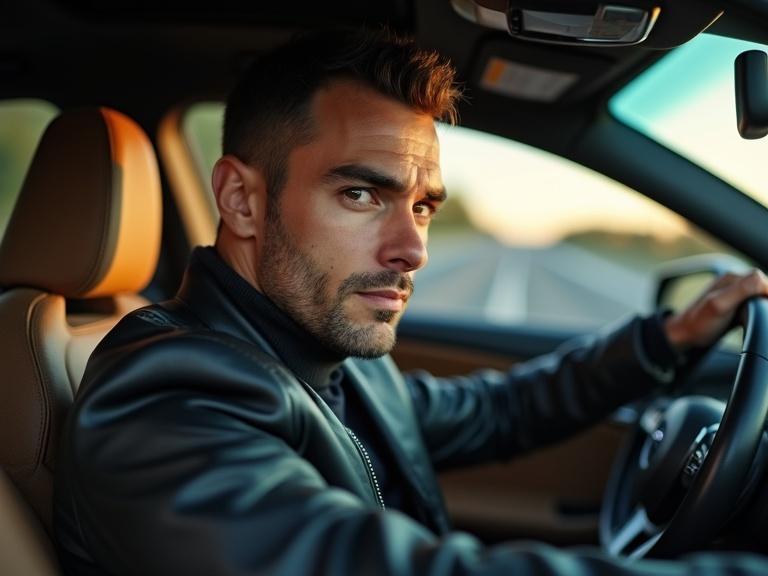 Close-up shot of confident male model in driver’s seat of luxury car. Model wears matte-black leather biker jacket over dark charcoal turtleneck. Hand rests on wheel with authority. Soft golden tunnel lights reflect on windshield. Background blurred to focus on gaze. Cinematic lighting and moody tones.
