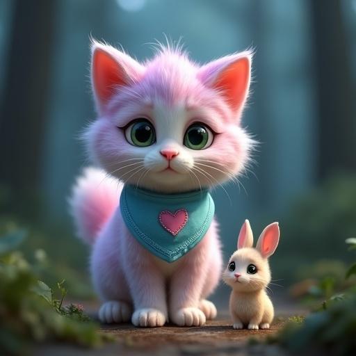 A fluffy anthropomorphic kitten with pastel pink and lavender fur stands beside a small baby rabbit. The kitten has a creamy white belly and large expressive green eyes. It wears a light blue bandana with a stitched pink heart. The forest is dark and wet after a storm. The storm is subsiding. The kitten and rabbit are close to a clearing but face obstacles.