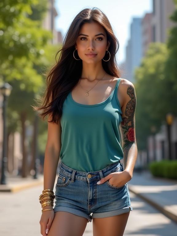 Hyper-realistic portrait of a woman with fair complexion standing confidently on a bustling urban street with high-rises and greenery. She has long dark brown hair, natural makeup, and wears stylish teal tank top with denim shorts. Accessories include gold jewelry and artistic tattoos with vibrant colors. Ambient lighting highlights elegance and details of the backdrop.