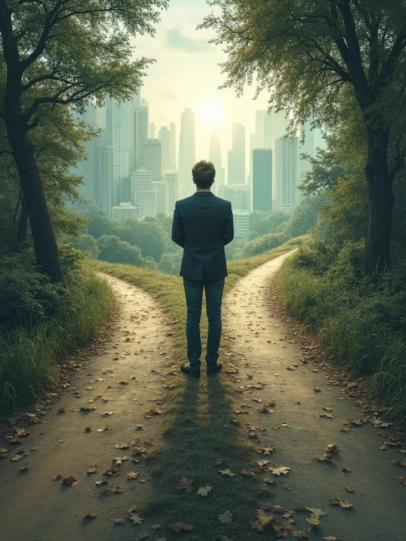 Person stands at a crossroads. Two paths in front. Cityscape and forest in the background. Complex choices symbolized. Subtle emotion in expression.
