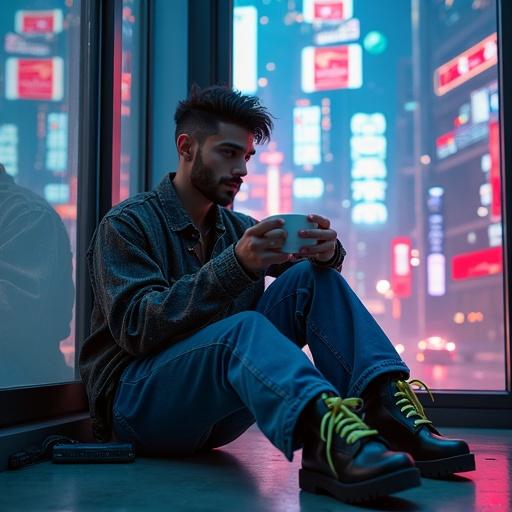 A cyberpunk-inspired metropolis scene. A man with stubble and stylish haircut sits on the floor. He wears a futuristic outfit with neon accents. The room glows with various neon lights. His posture is relaxed but thoughtful. The city is visible through large windows.