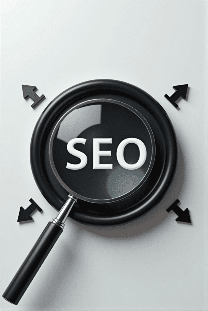 A magnifying glass highlighting the word 'SEO' with arrows pointing towards it, symbolizing direction and focus in search optimization.