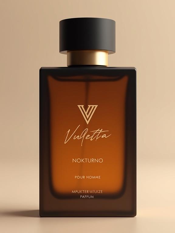 Sophisticated design of perfume bottle for VULETTA NOKTURNO. Bottle made of frosted glass in dark amber color transitioning to dark orange gradient. Engraved logo in middle. Flowing script typography for NOKTURNO in muted gold below logo. Addition of POUR HOMME. 'PARFUM' text near bottom. Light leaks add ambiance. Sleek gold cap design.