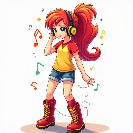 Character with red and yellow hair wearing headphones. Engaging in dance with a joyful expression. Outfits include yellow and red shirt, denim shorts, red socks and shiny red knee-high boots. No background.