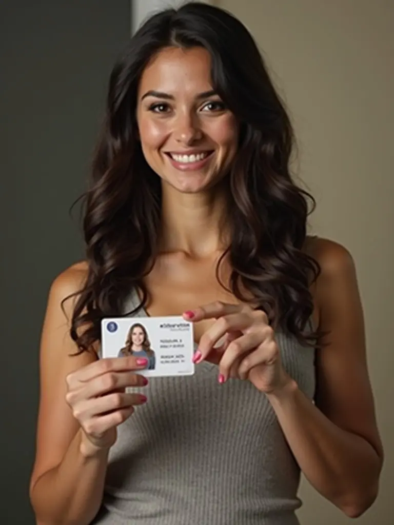 A woman with dark hair presents a female ID card. The ID card is held in front of her. The background is softly lit and neutral. The woman's attire is casual and she has styled hair. She is focused on the ID card in her hand.