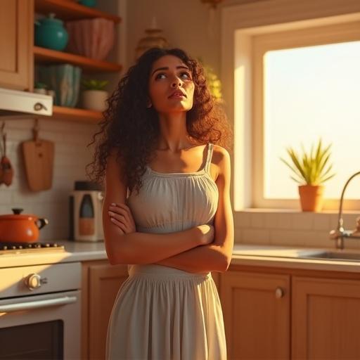 Realistic image of an Egyptian woman in a sunlit kitchen. She appears confused about breakfast choices. Morning sunlight shines through the window. Kitchen looks modern and stylish. Woman is casually dressed, presenting an authentic everyday moment.