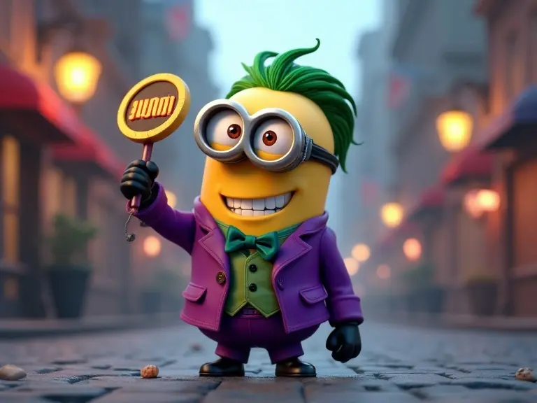 Mischievous minion styled as The Joker. Green hair and purple suit. Evil grin. Holding fake bomb with BOOM sign. Standing in chaotic cartoon Gotham street. 3D Pixar-style.