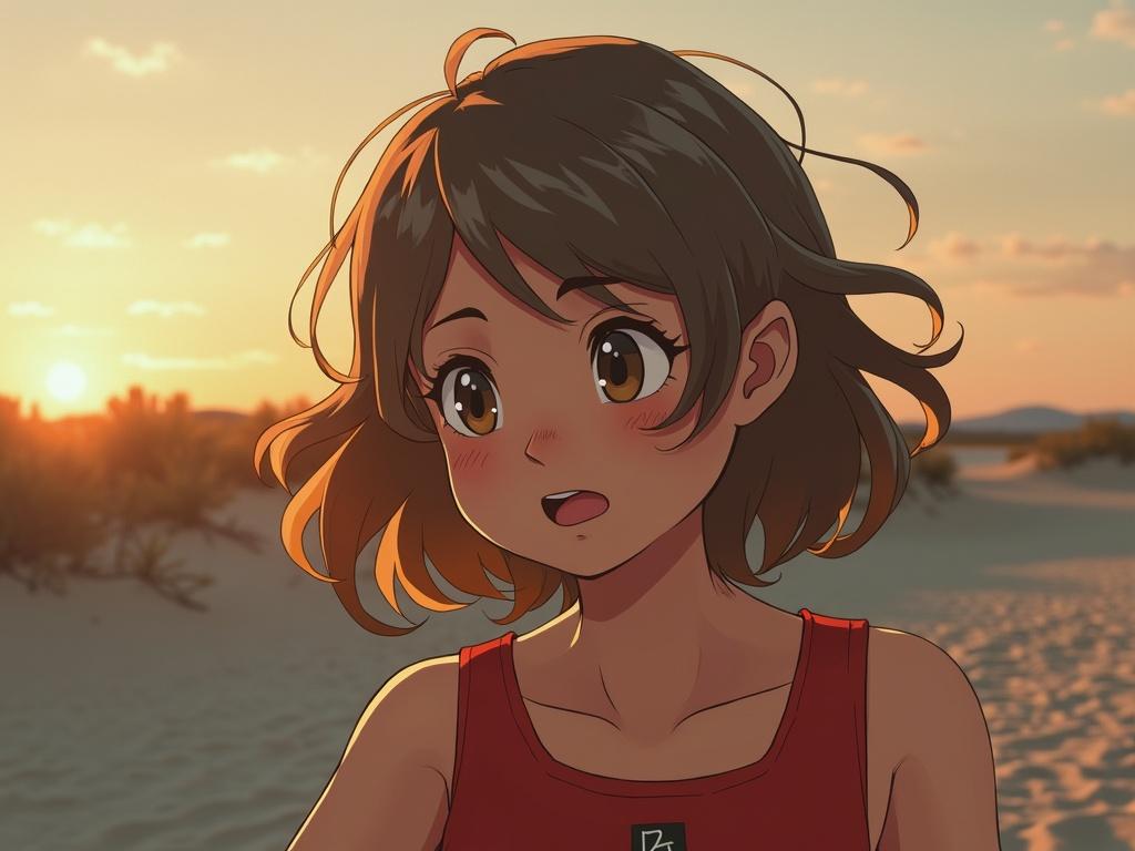 An anime girl with short brown hair stands outdoors during a sunset. She wears a red tank top and has a shy smile. The background features sand and soft desert vegetation. The sunlight creates a warm glow around her.