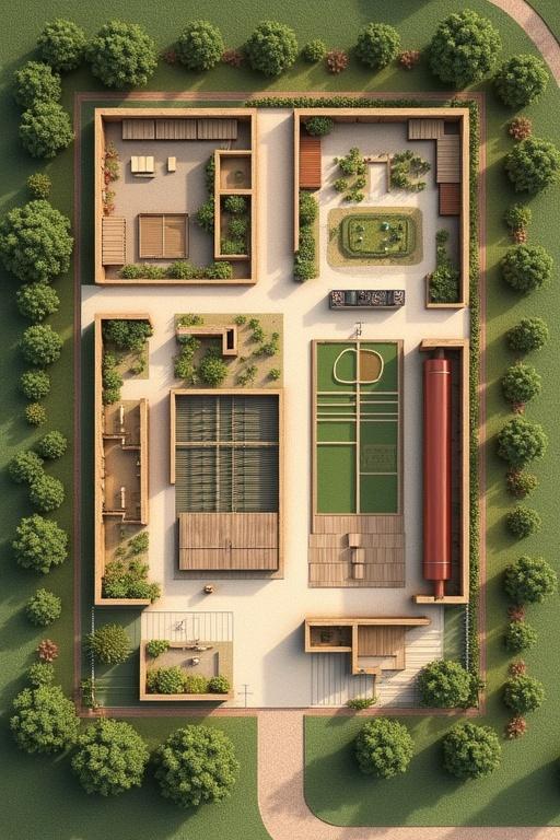 Layout of a large farm. Includes areas for chick pens, a slaughterhouse, an incubator, and a feed production facility. Features agricultural plots, a rustic event area, and pathways for circulation. Each section has distinct dimensions.