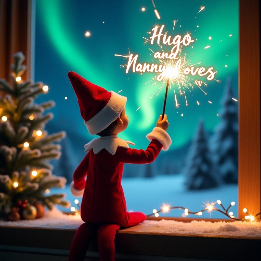 Enchanting Christmas scene features elf on shelf. Elf dressed in red and white faces sky. Wields magic wand writing with sparkler. Backdrop has vibrant northern lights. Scene depicts festive spirit of Christmas with whimsy.