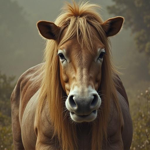 Horse with long mane in a natural setting. The background has a soft focus, enhancing the horse's features. A warm, inviting atmosphere is present.