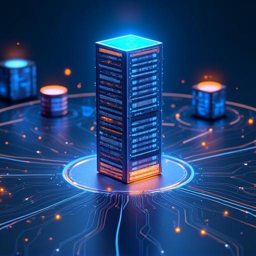 Digital representation of a data center filled with glowing blue and orange elements. Central structure resembles a skyscraper-like stack of servers. Surrounding objects are connected by lines to illustrate a network. Themes of technology and advanced infrastructure are conveyed.