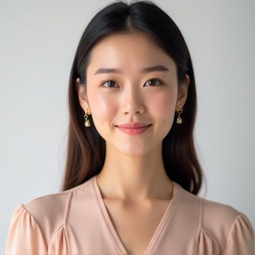 An elegant female host poses for a full face photo. She has a simple and clean appearance that showcases fashion taste. Her complexion appears rosy. The transparent background focuses on her beauty and elegance.