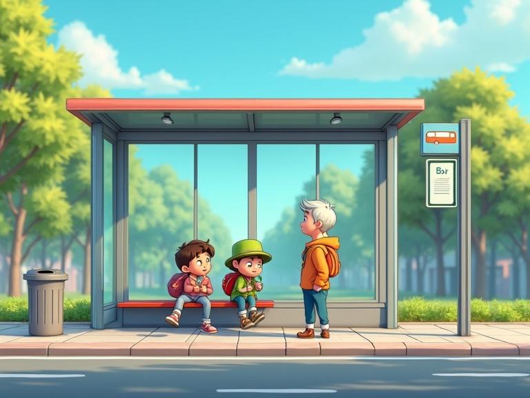 Animated cartoon-style bus stop with a simple shelter, bench underneath, clear glass panels, a bus stop signpost, trash bin nearby, three kids chatting, trees in the background, bright daylight, clean neighborhood, Pixar-like style.