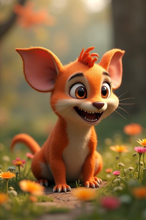 3D animated character of a cheerful orange cat with large ears and a smile. Surrounded by colorful flowers in a charming outdoor setting.