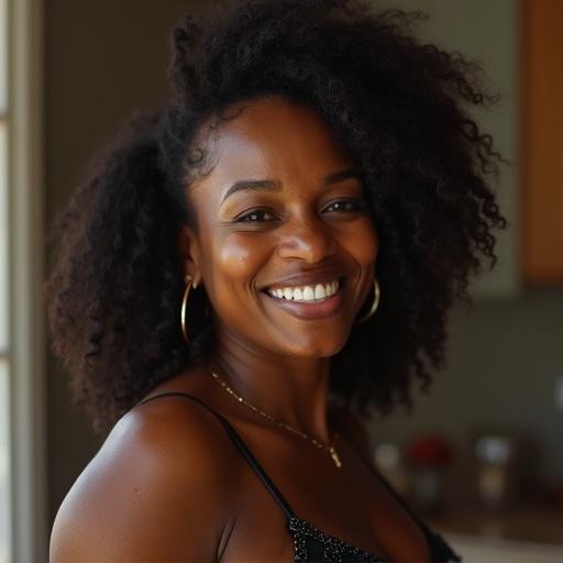 A strikingly beautiful ebony woman with an elegant presence. She is 55 years old. Her skin has a deep tone with a warm glow. She has captivating eyes and a warm smile. Her style blends classic and contemporary fashion, enhancing her natural beauty. She moves with poise and confidence.