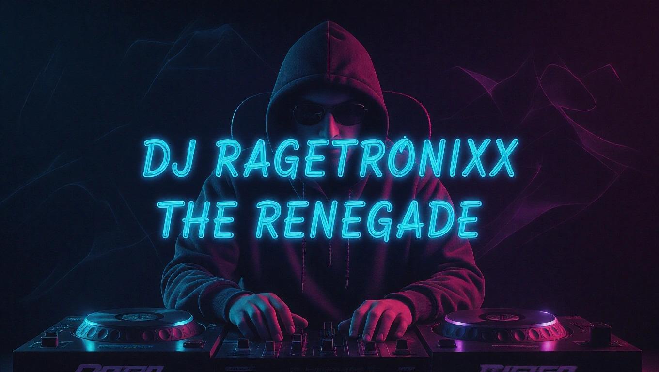 A dark RGB artistic hip hop album cover with DJ Ragetronixx text in a cool writing style. Use neon effects and a modern aesthetic.