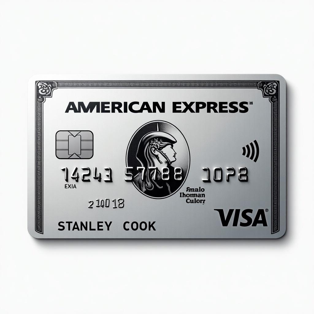 Realistic depiction of a platinum American Express credit card. Visa logo is displayed prominently. Cardholder name is Stanley Cook. Expiry date shows March 2028. Silver background with black font. A design that conveys modern elegance.